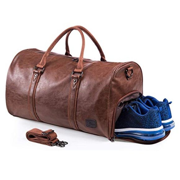 Leather Travel Bag with Shoe Pouch, Waterproof Weekender Overnight Bag,Carry On - Picture 1 of 1